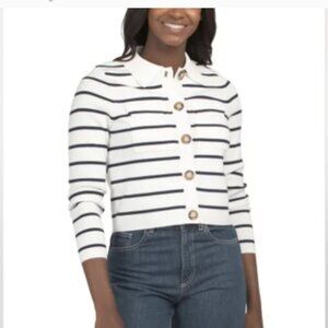 NWT Rachel Zoe White & Navy Striped Long Sleeve Knit Button Up Polo Cardigan